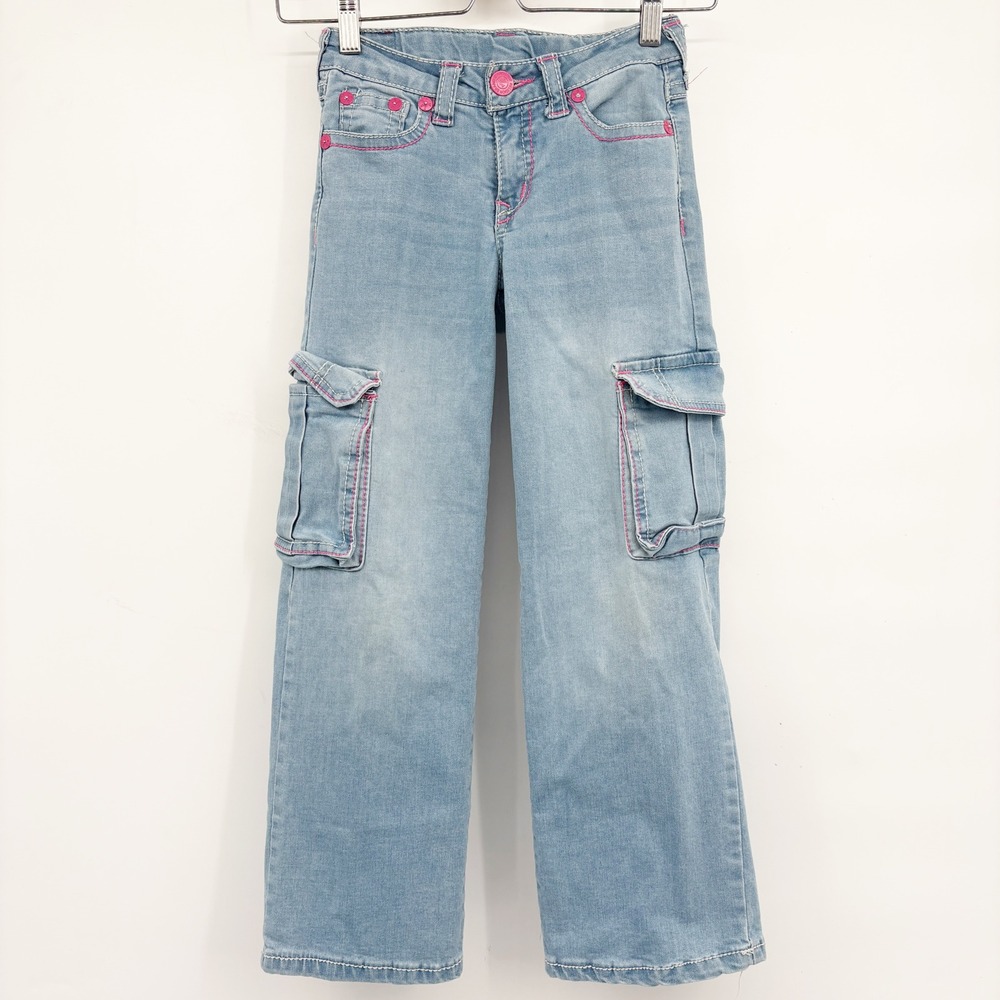 True Religion Girls Pink Contrast Stitch‎ Y2K McBling Wide Leg Cargo Jeans 10